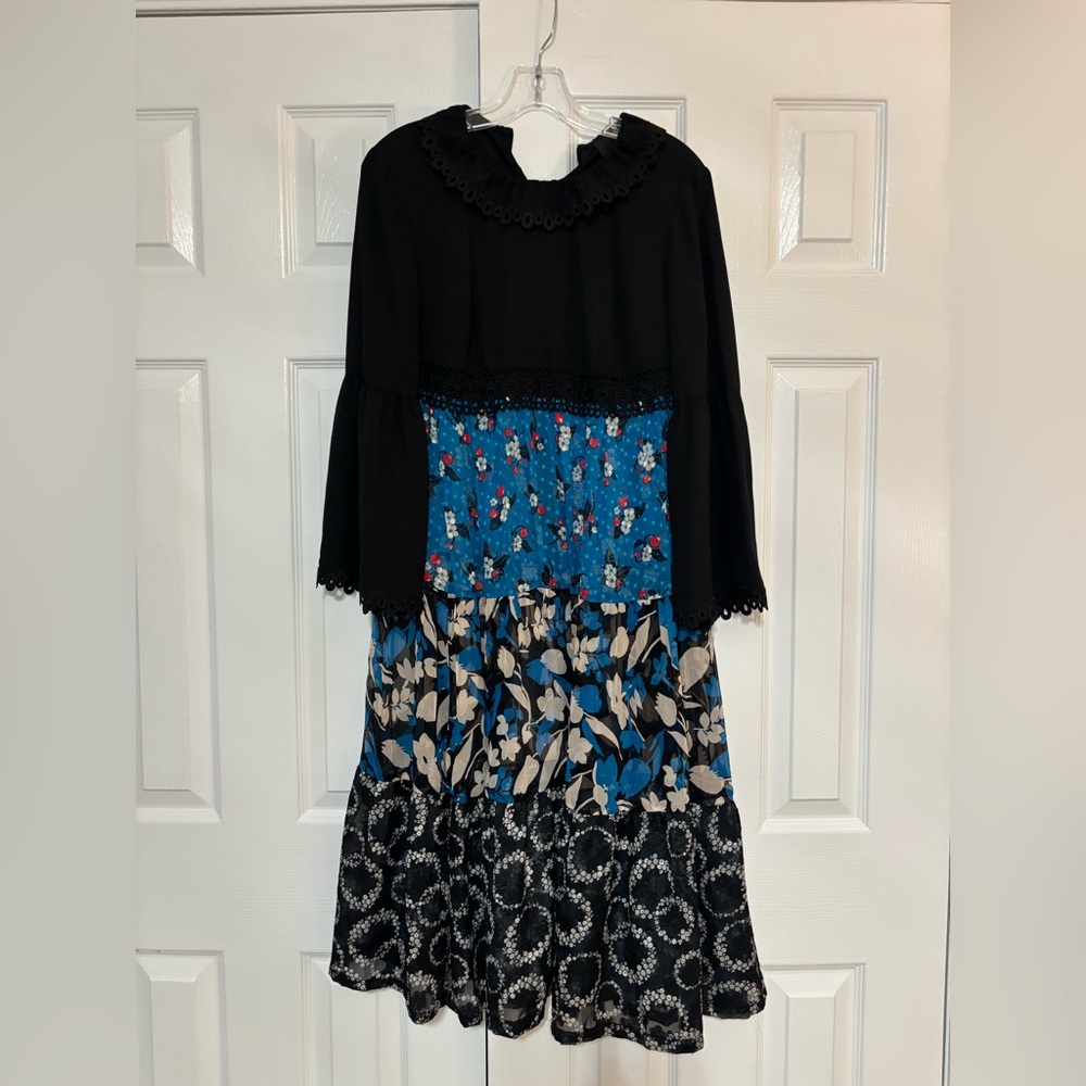Anna Sui Floral Patchwork Long Sleeve Dress Womens size P